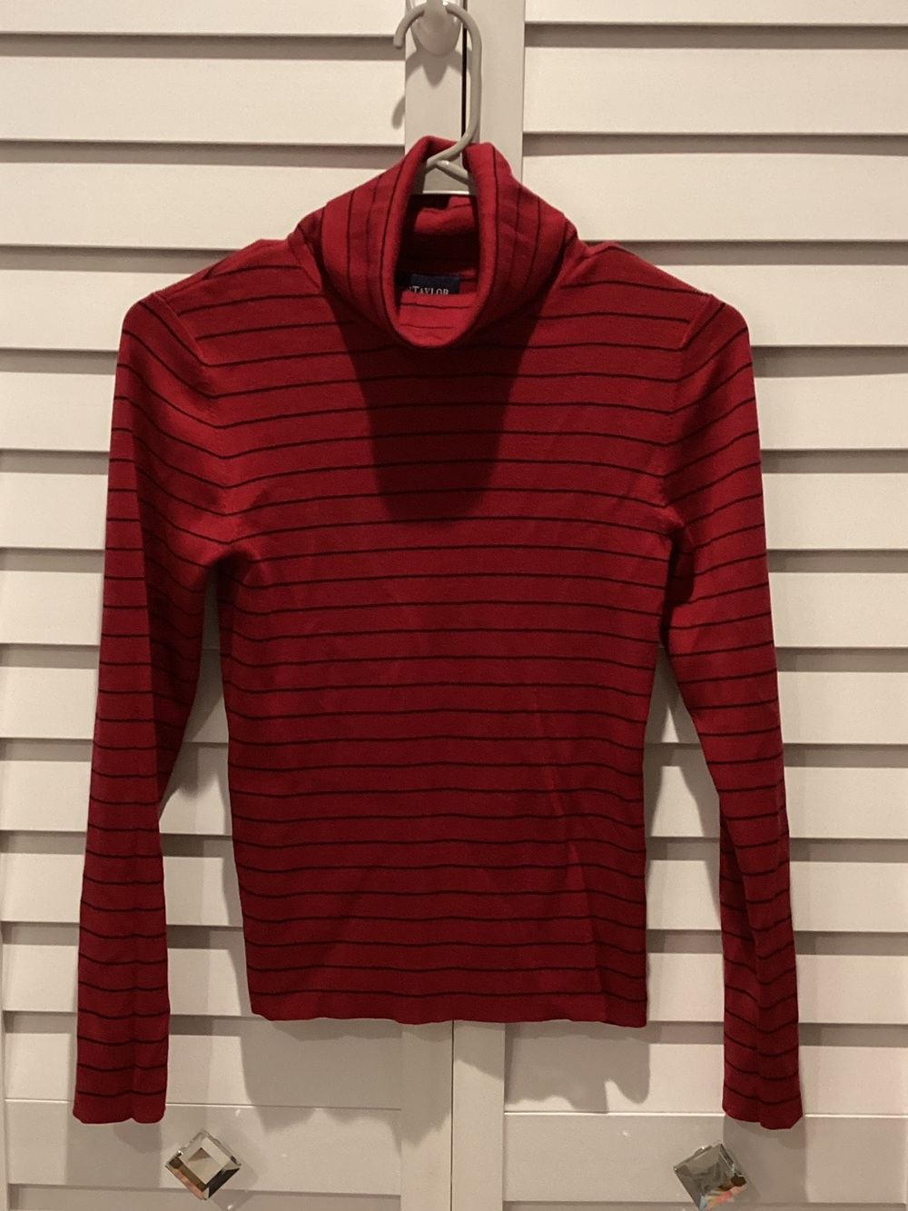 Ann Taylor Factory Red/ Black Striped Turtleneck Sweater in a Silk/Cotton blend.